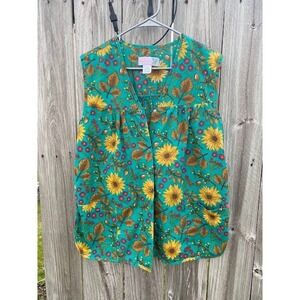 MoonDance Teal Sunflower Print Snap Front Smock Vest Top Medium 71400